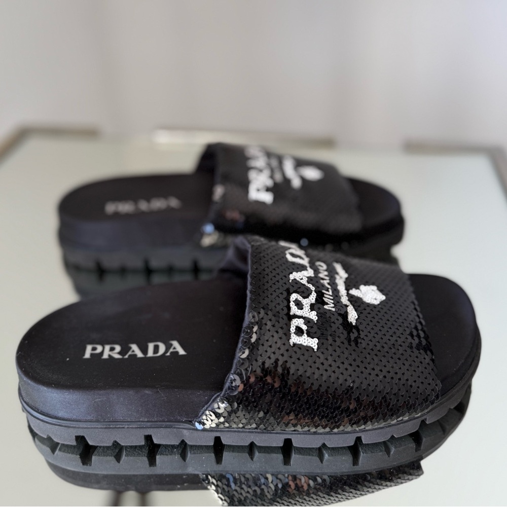 EUC Prada Black Paillettes Sequin Logo Slide Sandals 36 - Picture 6 of 7